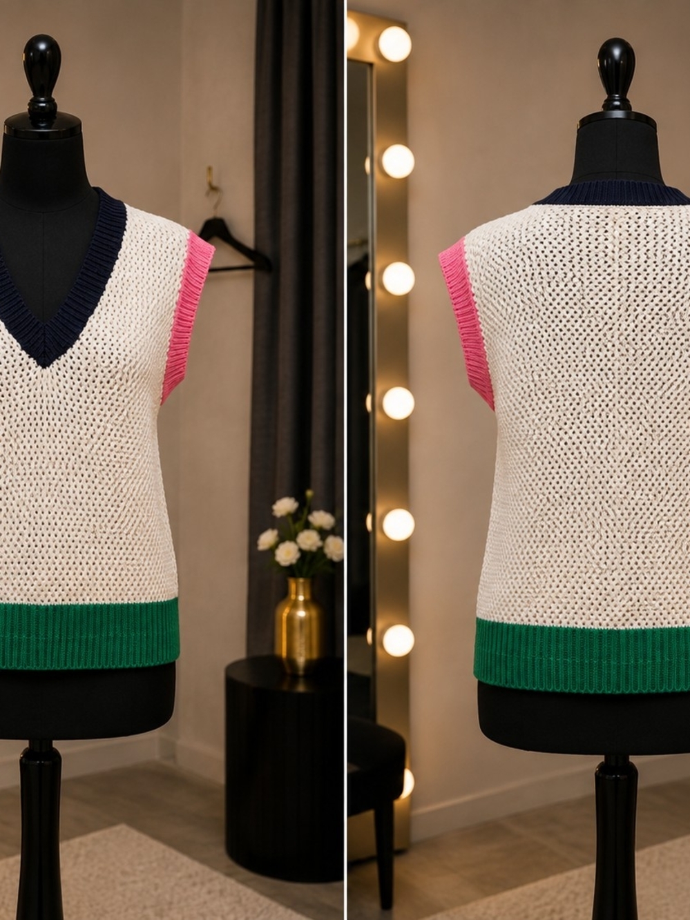 Forever 21 Cream V-Neck Sweater Vest with Navy, Pink & Green Trim